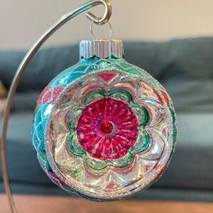 Radko Shiny Brite Glitter Stripe Ornament Indent Ball pink green blue red silver